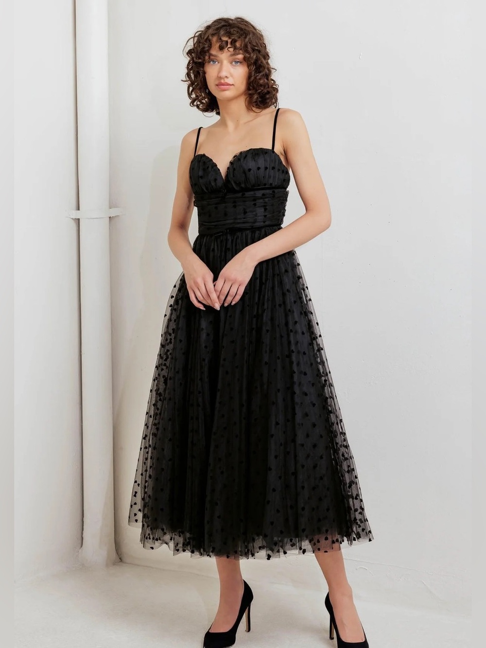 Freemarket Heart Dot Black Tulle Sweetheart Ballet Midi Dress Size Medium NWT